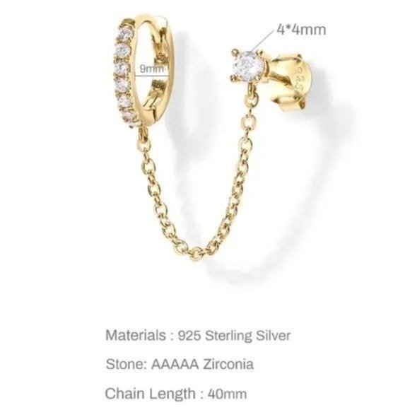 Green Double Piercing Pave Huggies w/ Chain Tassel Zirconia Pave Huggie Stud - Picture 5 of 7